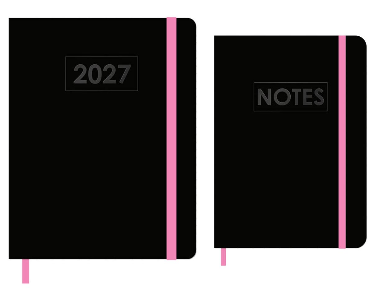 MGPcards - A5+ Agenda 2027 - Weekoverzicht 1w/2p - Zwart + Roze elastiek - 19.5 x 24.5 cm + Notitieboekje/opschrijfboekje - gelinieerd - 80 pagina's - A5 - Zwart-Roze