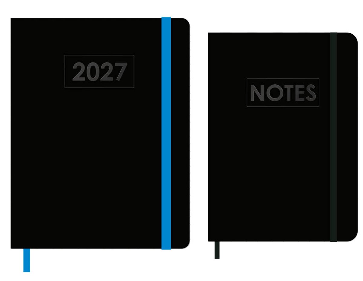 MGPcards - A5+ Agenda 2027 - Weekoverzicht 1w/2p - Zwart + Blauw elastiek - 19.5 x 24.5 cm + Notitieboekje/opschrijfboekje - gelinieerd - 80 pagina's - A5 - Zwart