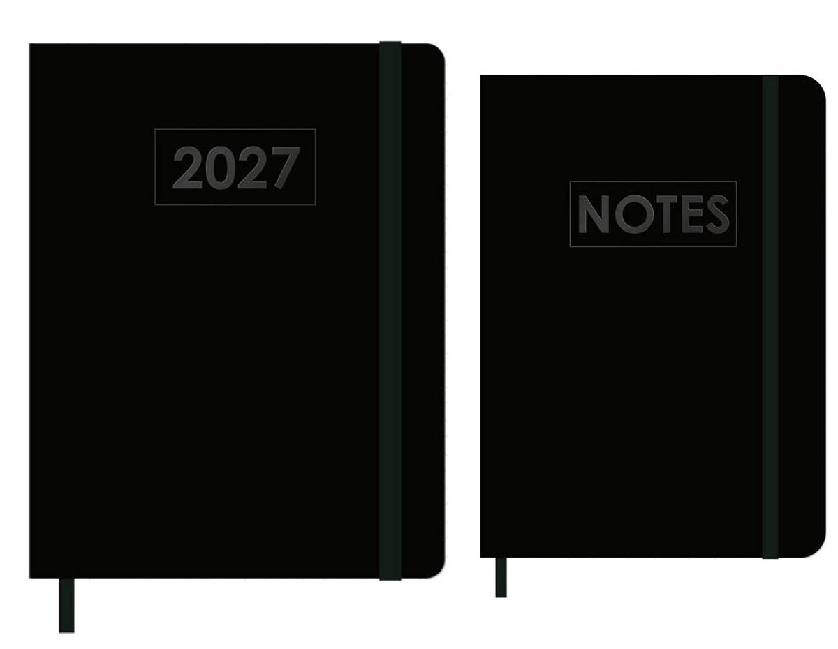 MGPcards - A5+ Agenda 2027 - Weekoverzicht 1w/2p - Zwart + Zwart elastiek - 19.5 x 24.5 cm + Notitieboekje/opschrijfboekje - gelinieerd - 80 pagina's - A5 - Zwart