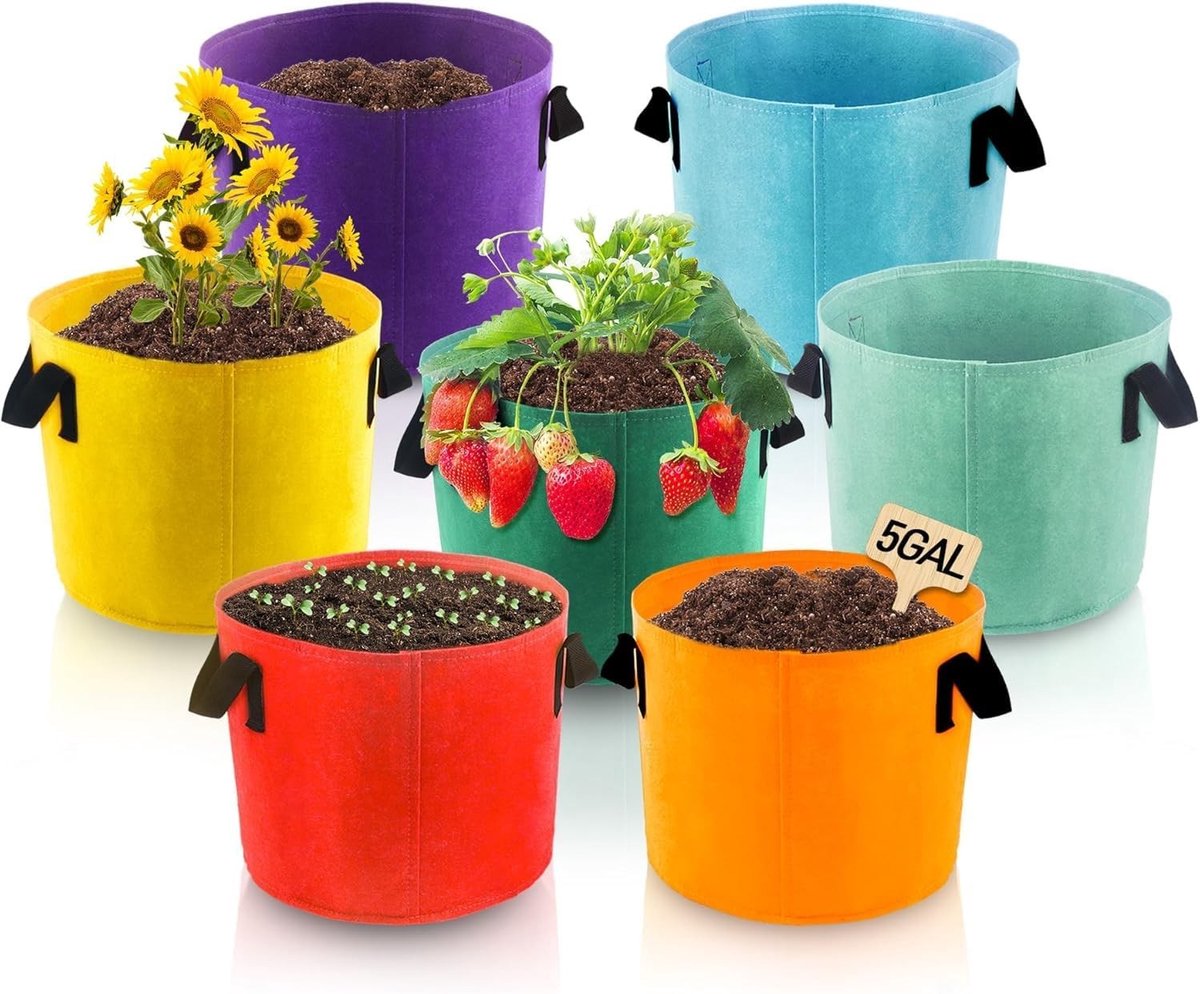 7-delige set van 5 gallon plantengroeizakken, ademend niet-geweven stof, zware kwaliteit met handvat voor bloemen, groenten en fruit