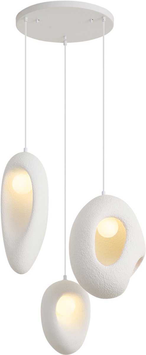 Qazqa japandi hanglamp - Moonstone - wit, rond, 3-lichts, 54.2cm, ideaal als woonkamer lamp
