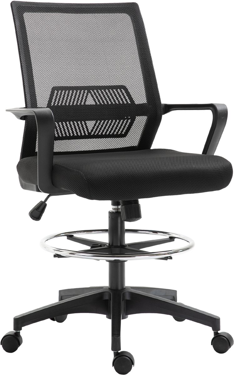 Zwarte Bureaustoel 64 x 59 x 104-124 cm, Hoge Kantoorstoel met Verstelbare Voetensteun, Hoogteverstelbare Draaistoel, Ergonomische Computerstoel met Mesh Rugleuning en Lendensteun, 360° Draaibaar, voor Bureau en Tekentafel, Tot 120 kg