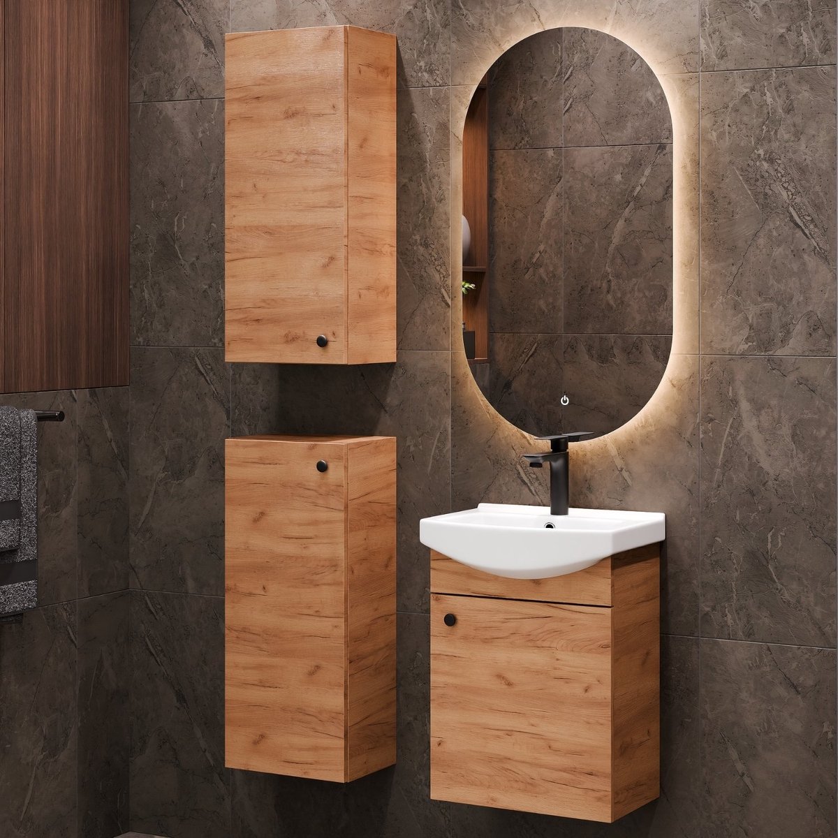 Planetmöbel Badkamermeubel Set 45 cm – Goud Eiken – Keramische Wastafel met LED Spiegel en 2 Midikasten – Dimbaar – Soft-Close