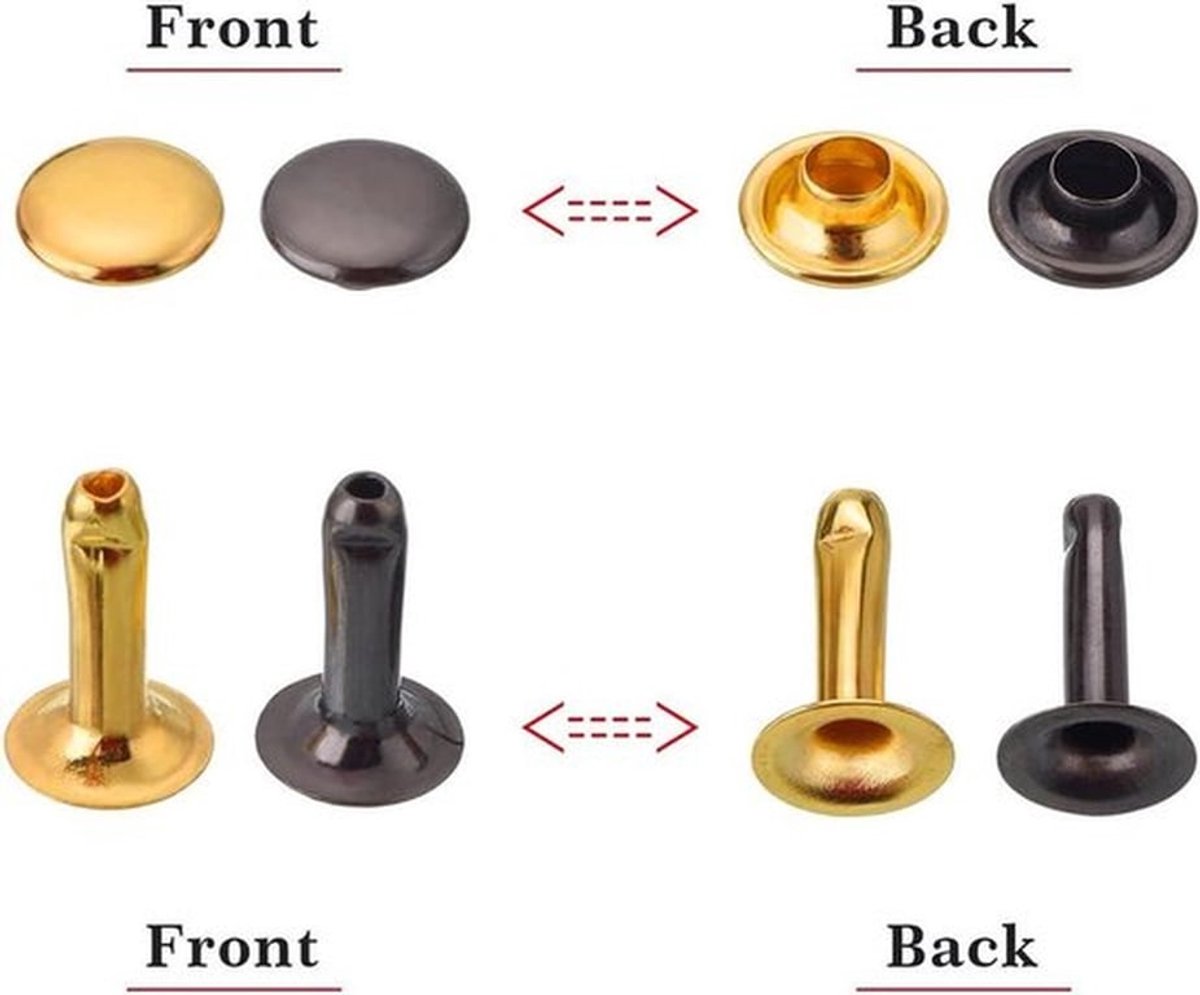 - Klinknagels voor lederhandwerk reparatie - Set met bevestigingsgereedschap - Tweekleurig - Decoratie en reparatie - Geschikt voor diverse materialen - Onmisbaar voor hobbyisten - Klusbenodigdheden voor DIY-projecten met 120-delige set.