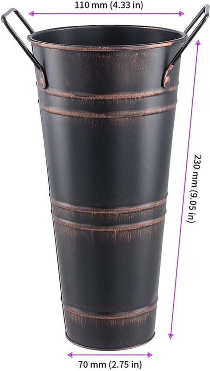 Metalen Vaas Set van 4 - Gegalvaniseerde Bloememmers - Rustieke Decoratie - Zwarte Vazen - 23 cm Hoog - Koperkleurige Accenten - Bloemenemmer