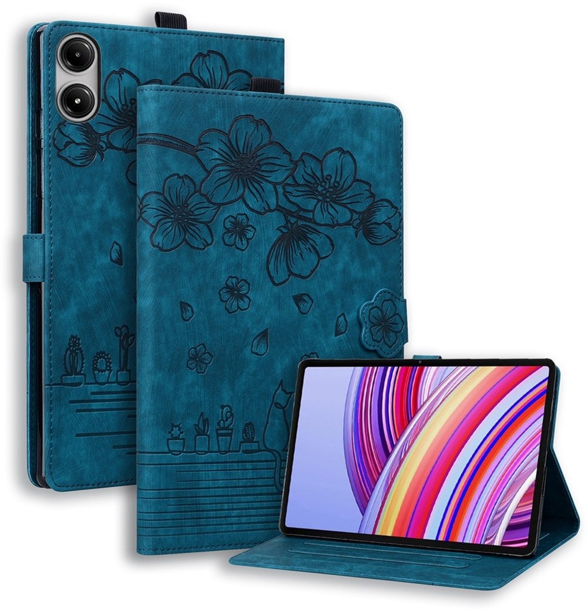 Coverup Tablethoes geschikt voor Xiaomi Redmi Pad 2 Pro / Pad Pro Hoesje - Flowers & Cat Book Case - Blauw