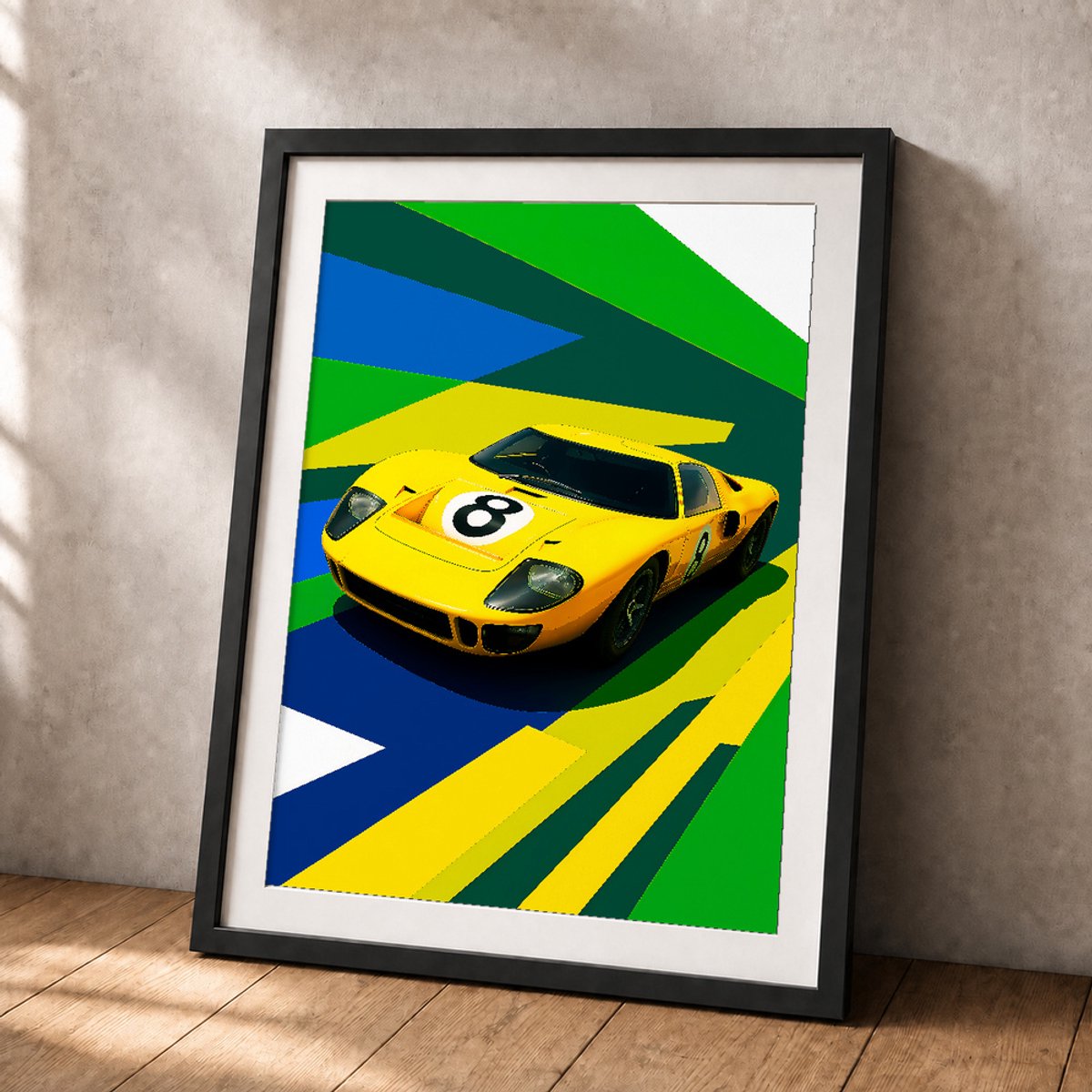 Raceauto Poster - Gele Klassieke Raceauto Nummer 8 - Classic Racing Collection - Posters voor Autoliefhebbers - A2+ 43,2 x 61 cm