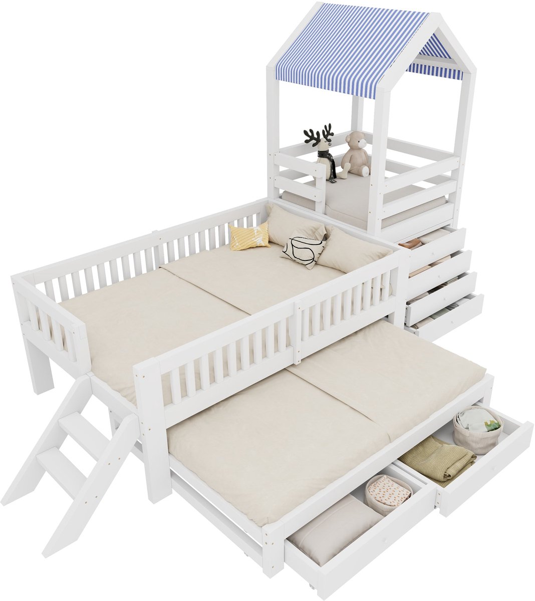 Merax Stapelbed Voor Kinderen 90x200 cm - Met Uitschuifbed 90x190 cm - Bed In Huisvorm - Met Trap En Opberglades - Massief Hout - Wit
