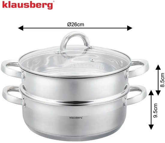 Afmetingen van de Klausberg stoompan: diameter 26 cm, hoogte inzetstuk 8.5 cm, hoogte pan 9.5 cm.