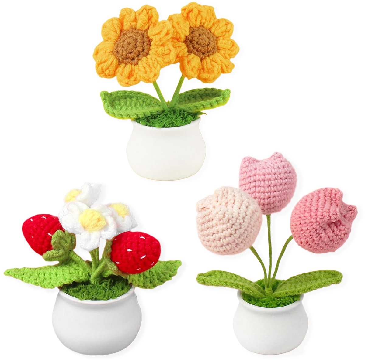 Solidchoice - 3 Stuks Gehaakte Bloemen met Pot voor Decoratie