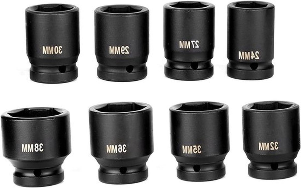 Krachtige 3/4 Inch Slagmoersleutel Set met 8 Stuks Dopsleutels voor het Losdraaien van Schroeven en Bouten, Inclusief Diverse Maten van 19,05 mm tot 24-38 mm