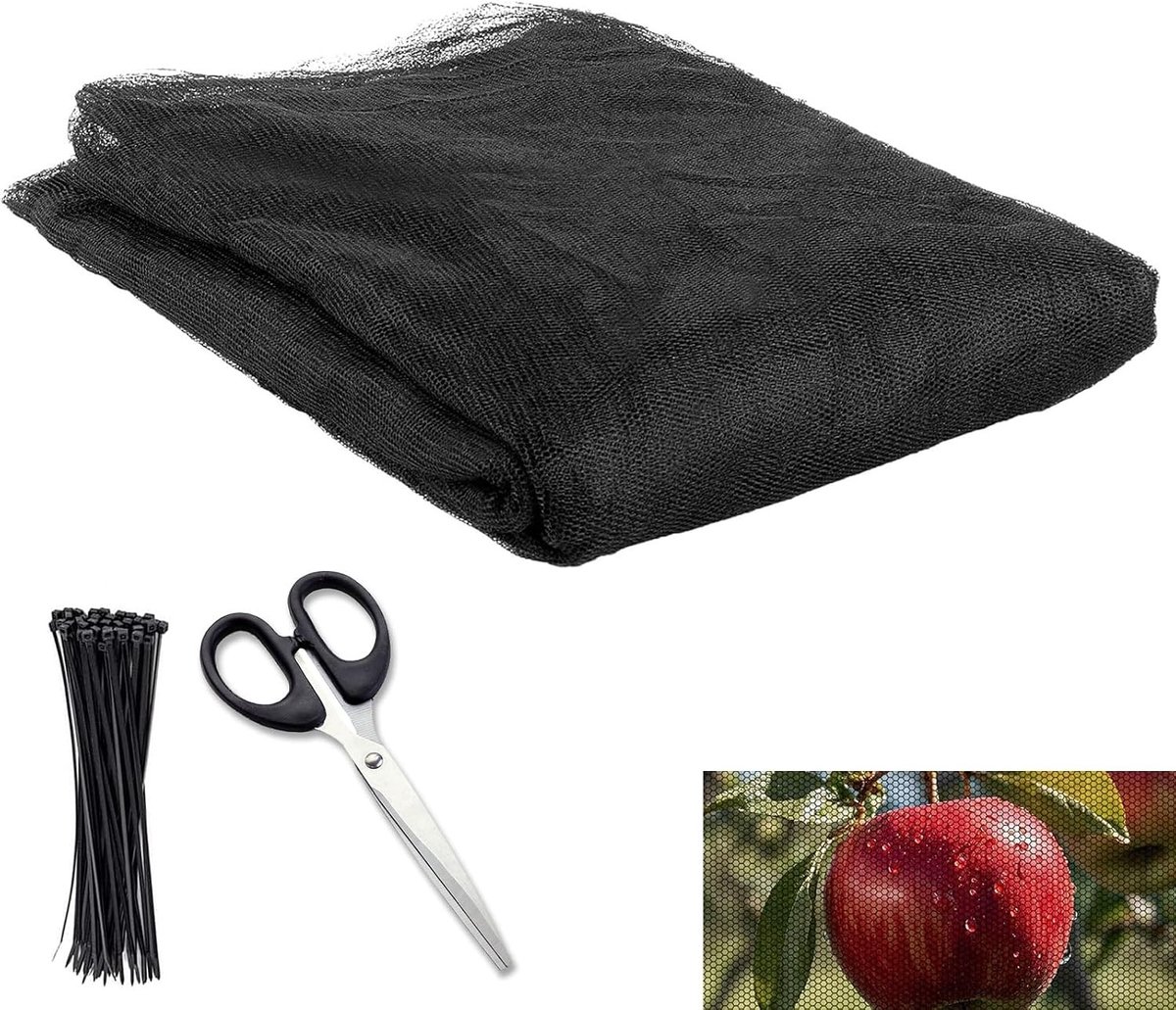Duurzaam Vogelbeschermnet 6 x 2,4 m - Herbruikbaar Fijnmazig Net voor Planten, Groenten en Balkonbescherming met 100 Kabelbinders en Schaar, Zwart