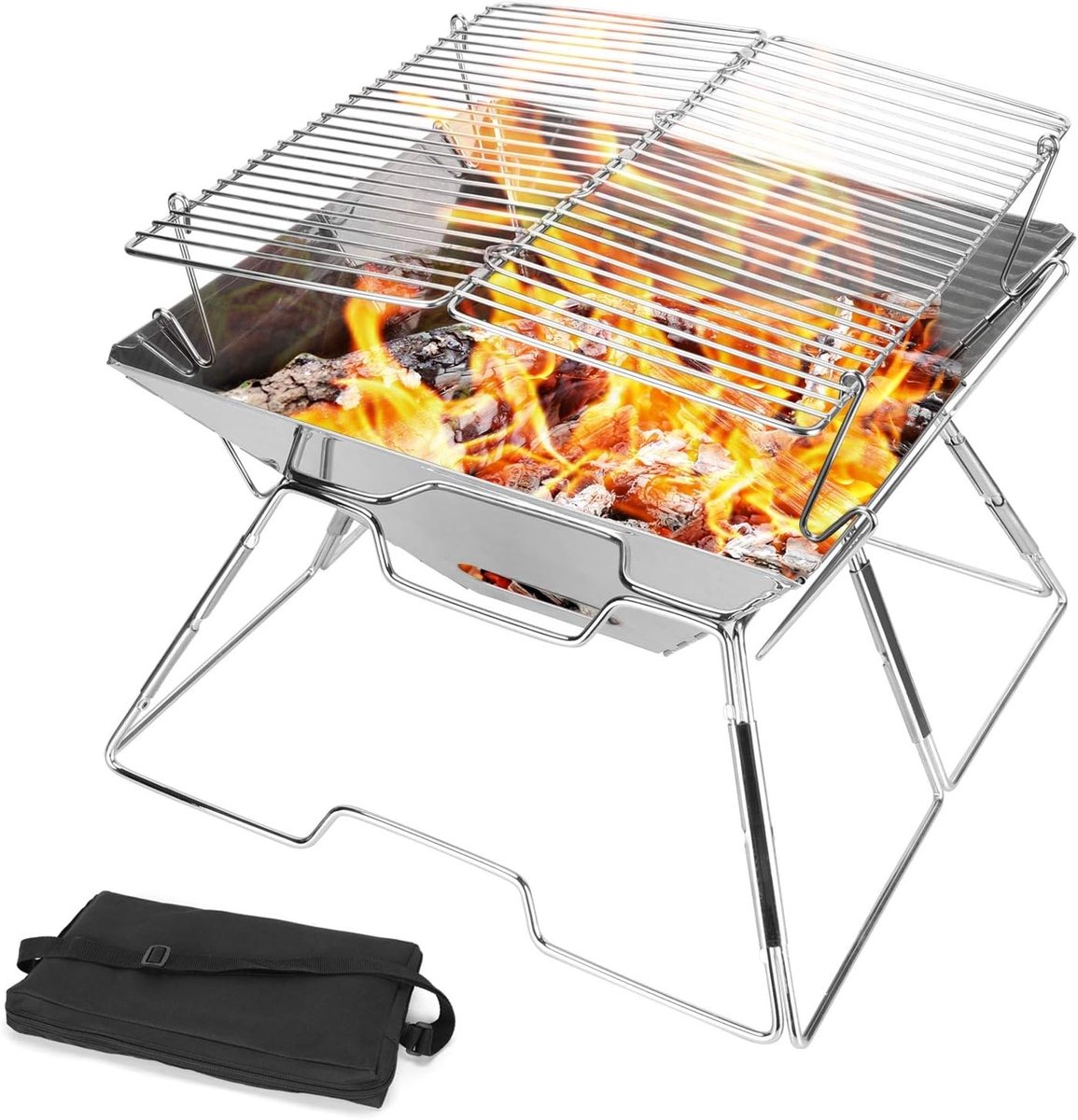 Draagbare BBQ vuurplaats voor camping en tuin, opvouwbare grill van roestvrij staal met handige draagtas, ideaal voor picknick en buitengebruik
