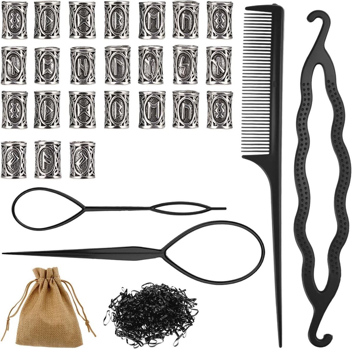 Wikinger Rune Bar Perlen voor Mannen - 24-delige Set met Dreadlock Kralen, Elastische Bands en Styling Gereedschap voor Haarstyling