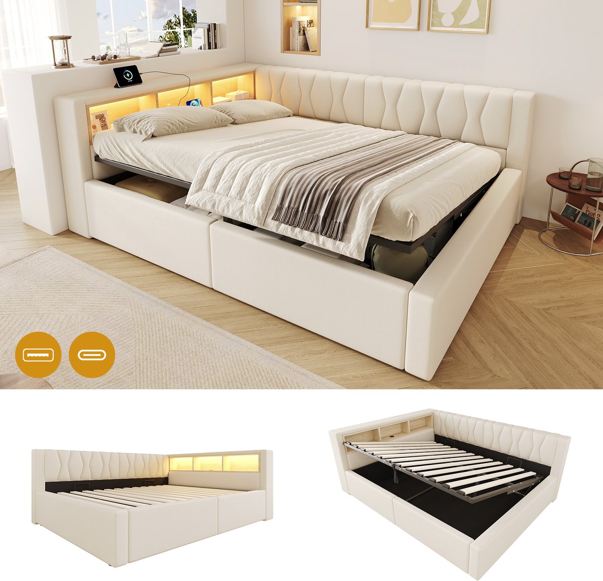 Dagbed 140x200 cm - Met LED-Verlichting - Met Opbergruimte - Met USB-Oplaadpunt - Beige