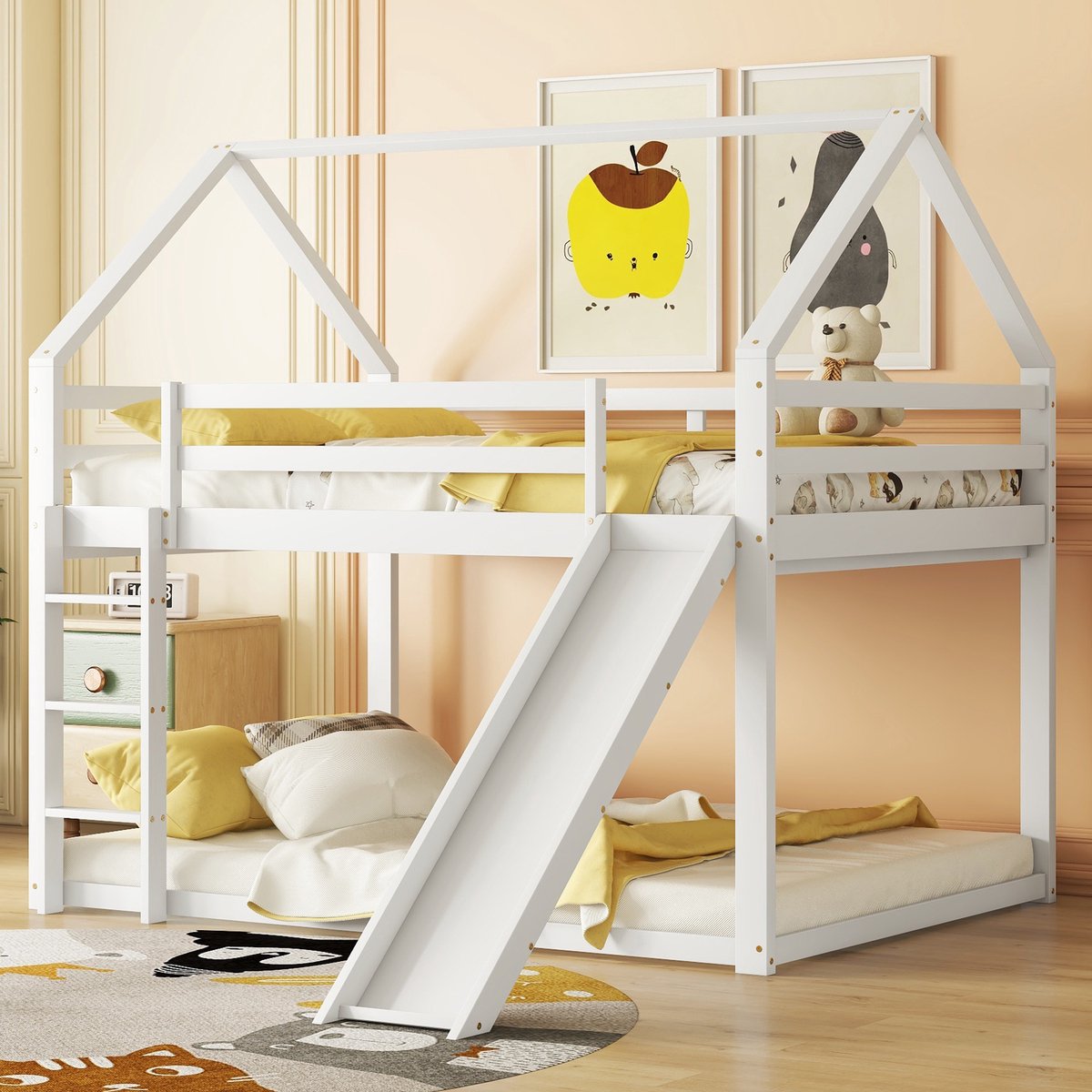 Stapelbed 140x200 cm - Met Ladder - Met USB-Oplaadpunt - Huisvorm - Wit