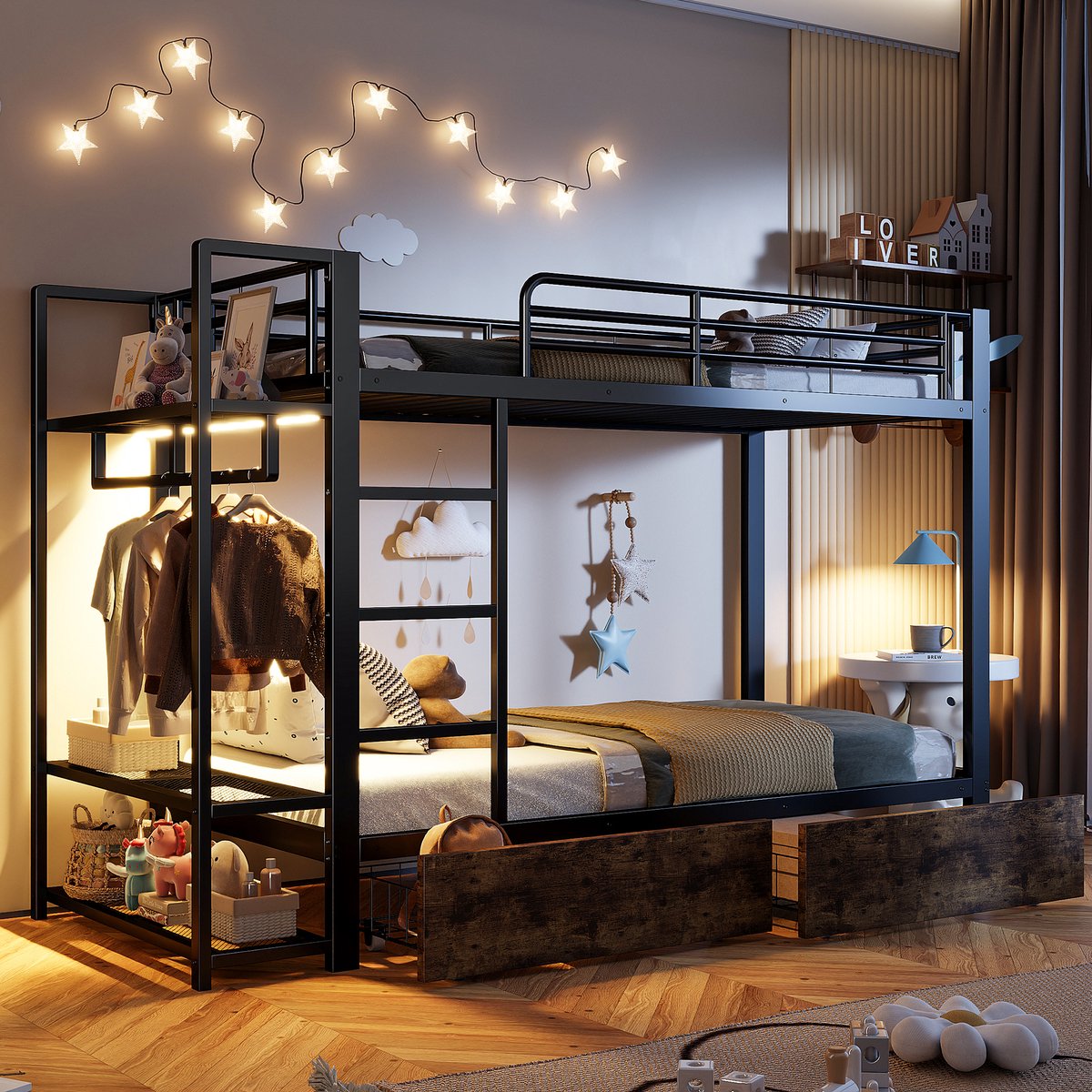 Stapelbed 90x200 cm - Met LED-Verlichting - Met Opbergruimte - Met Lades - Zwart