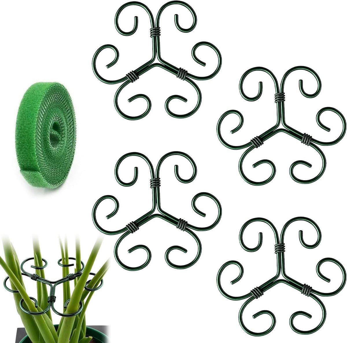 Set van 4 metalen plantensteunen – Stevige structuur voor bloemen, rozen en tomaten – Accessoire voor klimplanten binnen en buiten – Frame voor Monstera met bevestigingsbanden inbegrepen—10.5*10.5cm