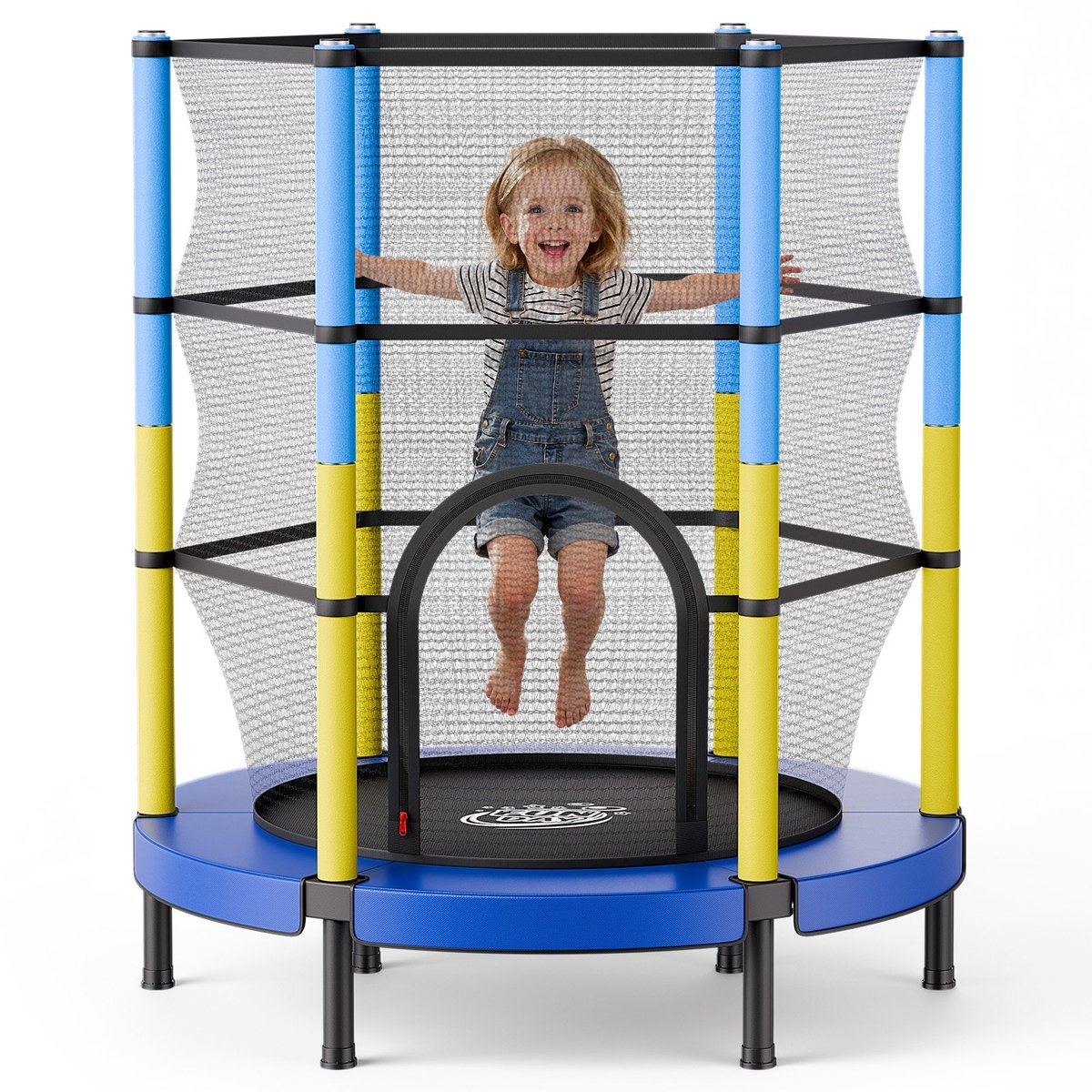 Kindertrampoline - Minitrampoline met veiligheidsnet - Draagvermogen 60 kg - Veiligheidsnet 140 cm - Voor binnen en buiten - Blauw/geel