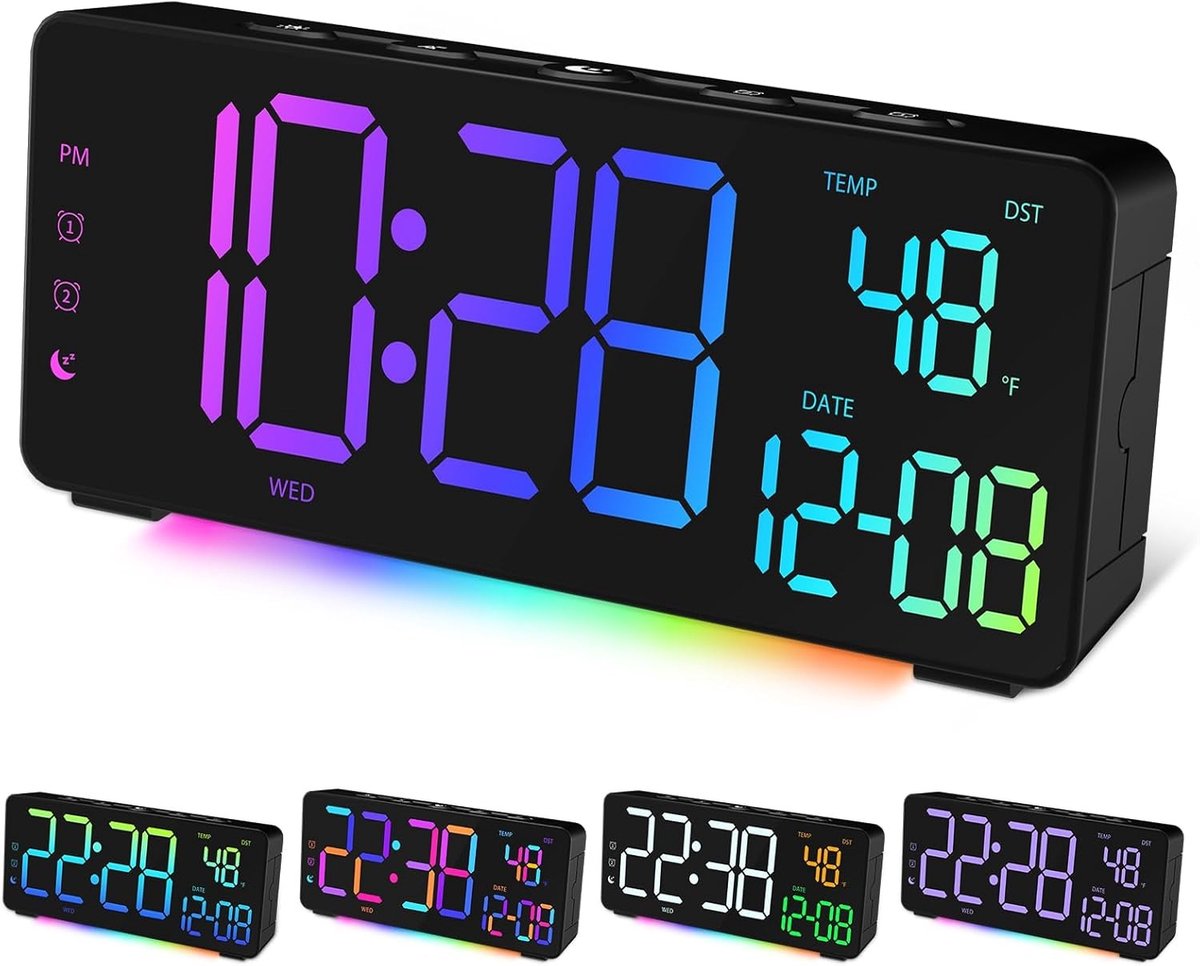Digitale Wekker - Zwart - Groot Scherm met RGB Verlichting - Multifunctionele Wekker met Temperatuur en USB-poort - Voor Slaapkamer