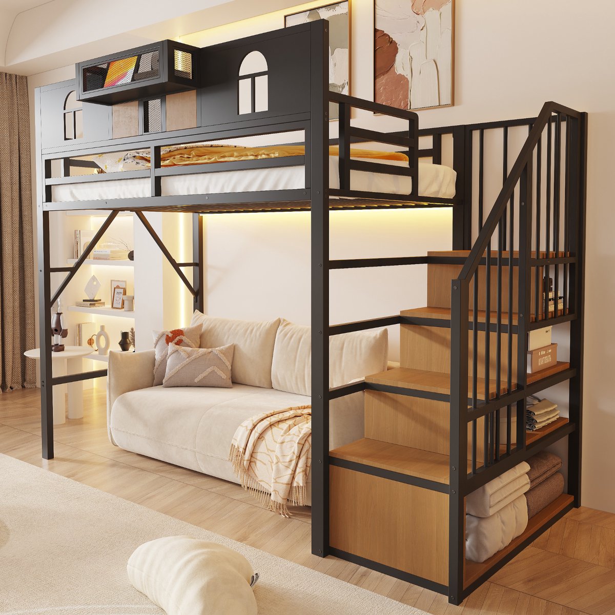 Kinderbed, Metalen Hoogslaper 90 X 200 cm, Met Opbergladder En Lichtstrip, Met Opbergvak, Raam, Houten Panelen En Metalen Gaaselementen, Verhoogde Reling, Stevig Metalen Frame-Zwart