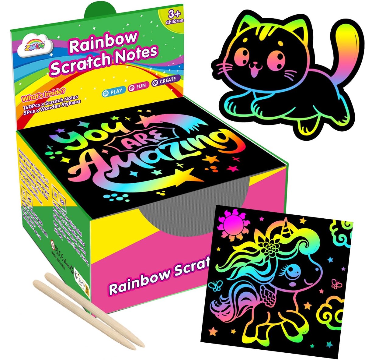 Namajunas - Regenboog kras papier - 150 vellen - Met 2 stokjes - Tekengerei voor kinderen - Prijzen voor in de klas - Knutsel materiaal voor kinderen van 4 tot 8 jaar - Stimuleer de verbeelding van kinderen en houd ze weg van hun telefoon