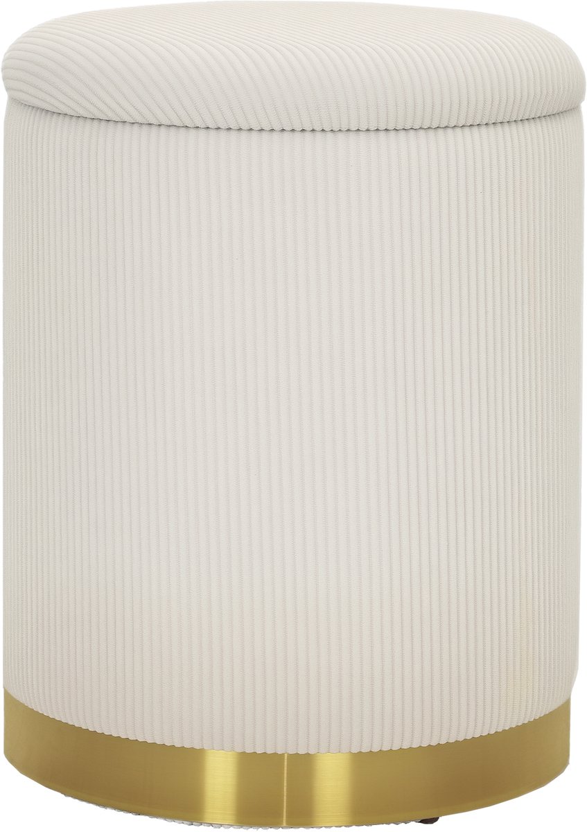Crèmewitte Opbergkruk 36 x 36 x 44 cm, Ronde Voetenbank met Opbergruimte, Zithocker met Deksel, Opbergpoef, Voetensteun, Zitbankje, Ottomane, Klapbare Kruk, voor Woonkamer, Slaapkamer en Kaptafel, Comfortabel, Tot 120 kg