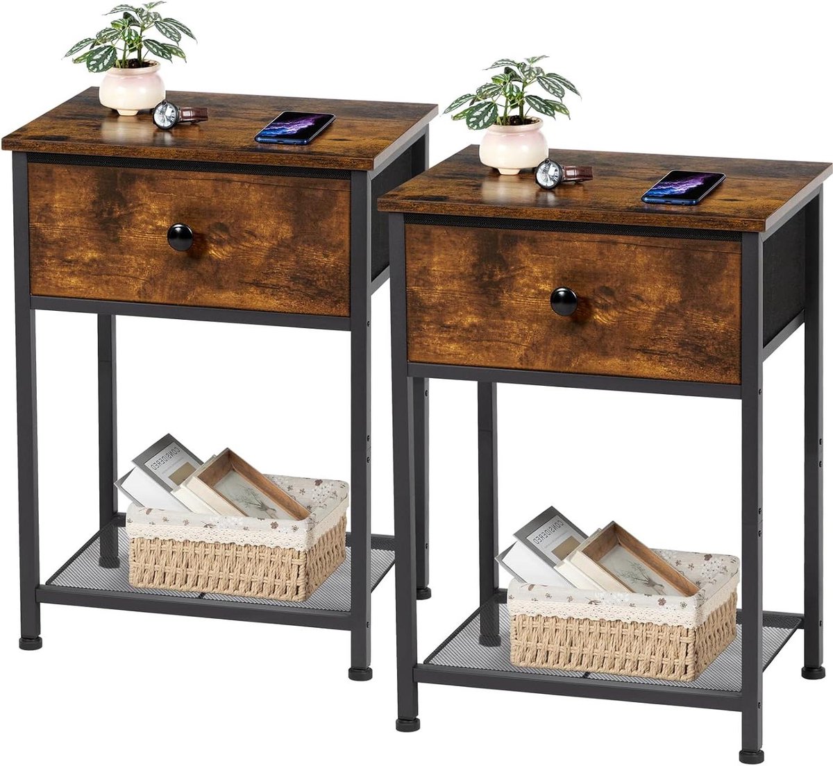 Nachtkastjes Set 2 - Bijzettafels Woonkamer - Opbergen Slaapkamer - Met Lade en Plank