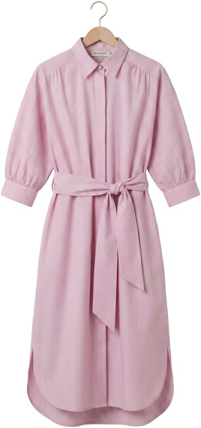 Robe rose à rayures Beaumont avec ceinture à nouer et manches bouffantes.