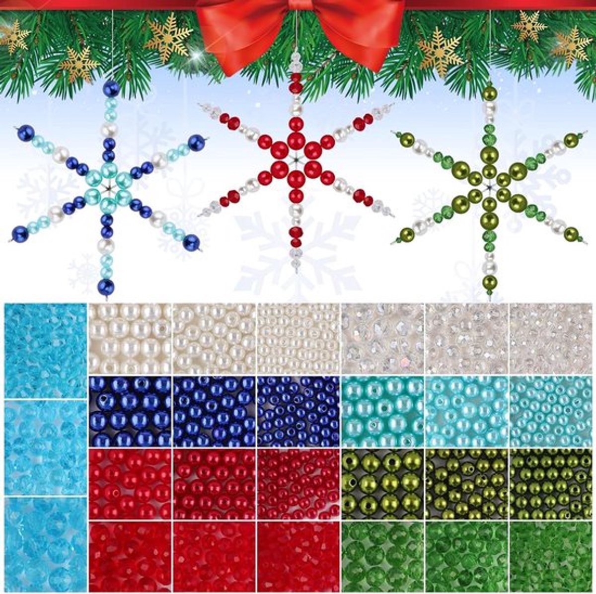 Doe-het-zelf Kerst Sneeuwvlok ornamentenset - 1574 stuks draad en kralen - Groen en Rood - Handwerk Decoratie
