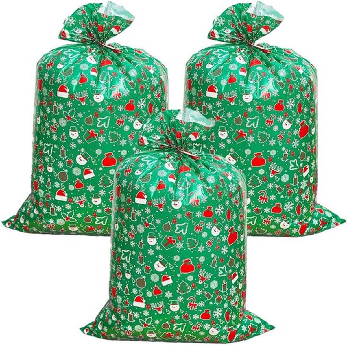 3 stuks extra grote jumbo-tassen met etiket en koord - rechthoekige plastic kersttassen voor grote cadeaus - 140 x 96 cm groen