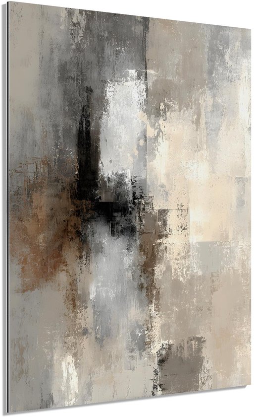 Abstract schilderij in aardetinten met bruine, grijze en beige tinten, getoond op een witte achtergrond.