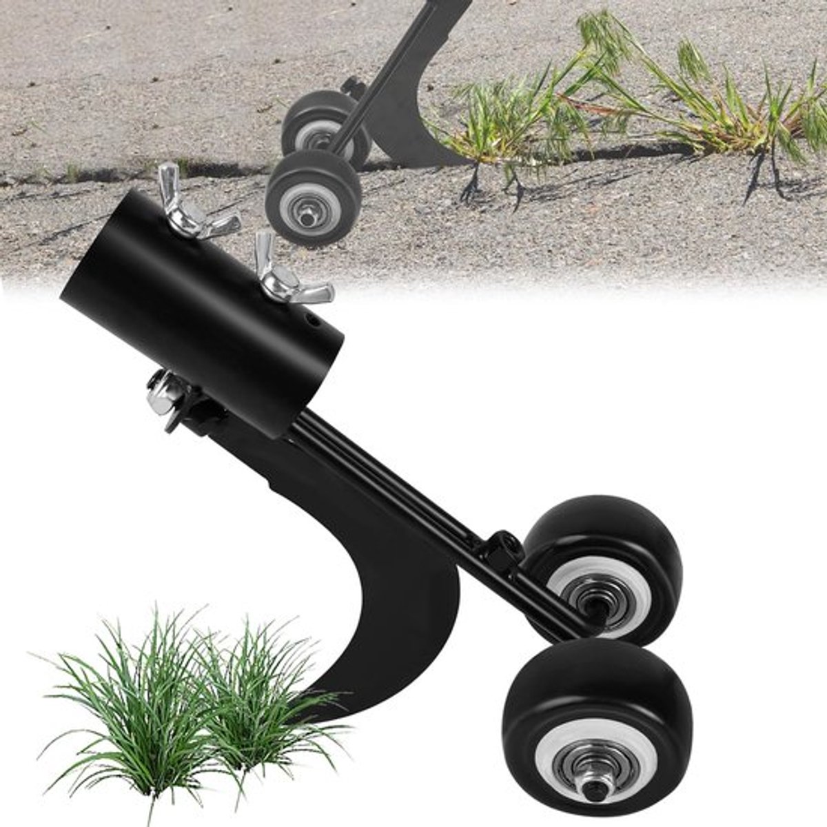 Onkruidverwijderaar met Wielen - Handmatige Verwijderaar voor Tuin - Staande Onkruidhaak voor Kieren en Scheuren tussen Tegels - Blokken - Bestrating en Terras (Gekromde Haak)
