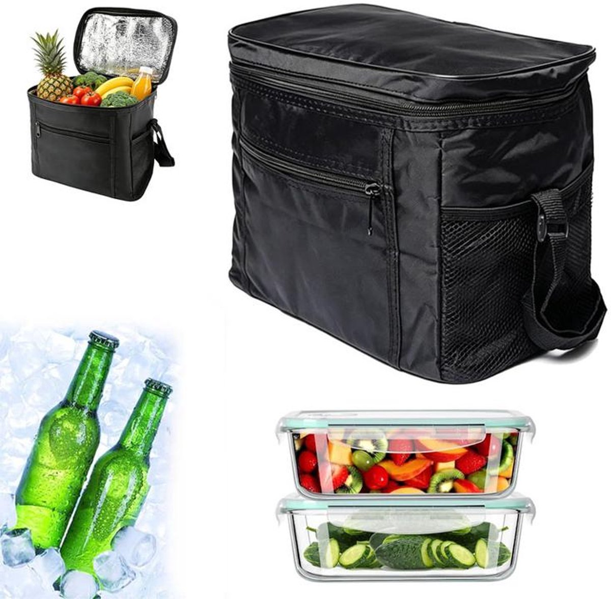 KZQ Kleine koeltas - picknicktas - opvouwbare geïsoleerde tas - warmte-isolerende tas - koeltas - lunchtas - geschikt voor buitenreizen, picknicks en kamperen - 27 x 17 x 24 cm - Zwart