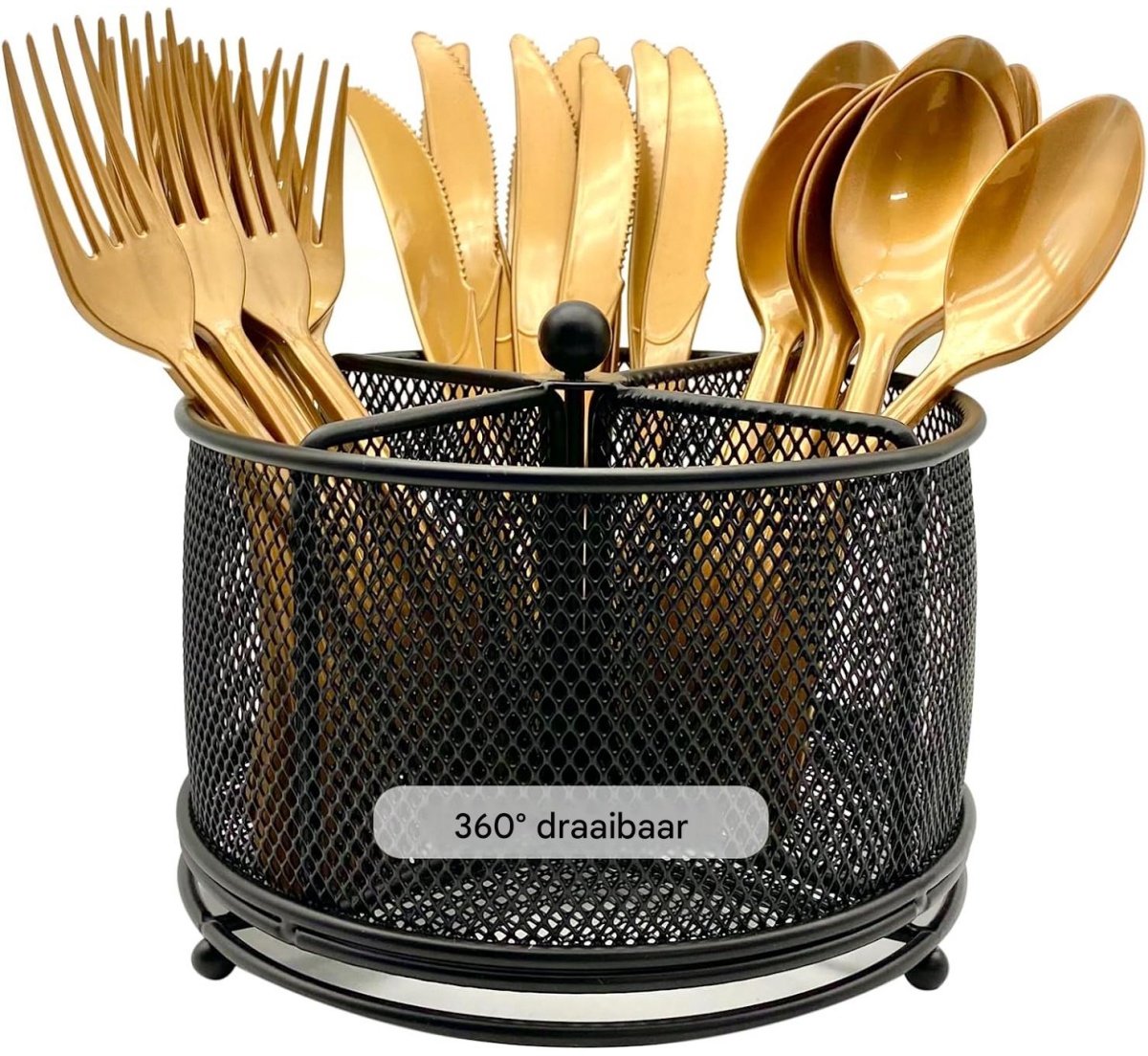 carmdering -Draaibare Bestekhouder met 4 Vakken - Metalen Bestekbak voor Keuken en Tafel - 360° Roterende Organizer voor Messen, Vorken, Lepels en Servetten - Voor Buffet, Picknick, BBQ en Feest - Zwart
