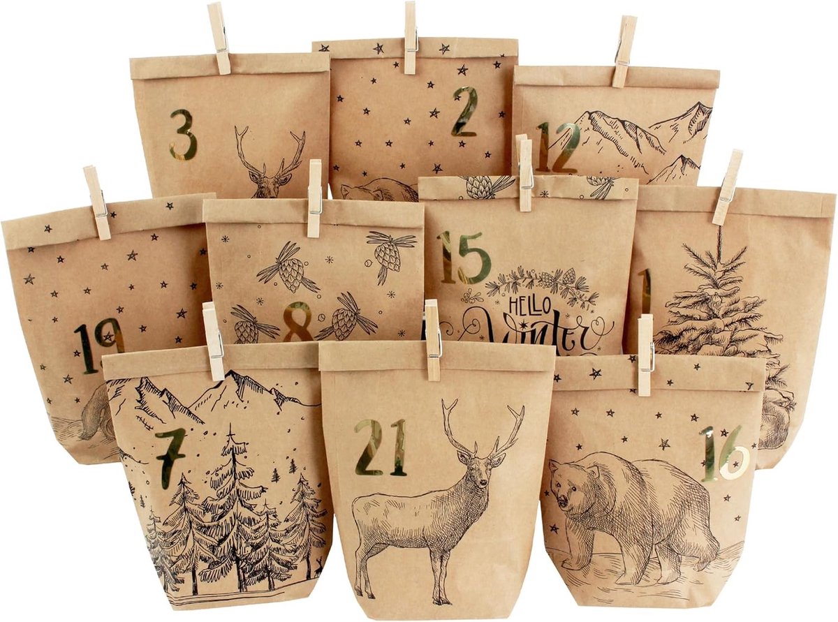DIY Adventskalender om te Vullen - Gezellig Winter Zwart - 14 x 22 cm - Bedrukte Kraftpapier Zakjes met Stickers en Clips - Voor Kerstmis