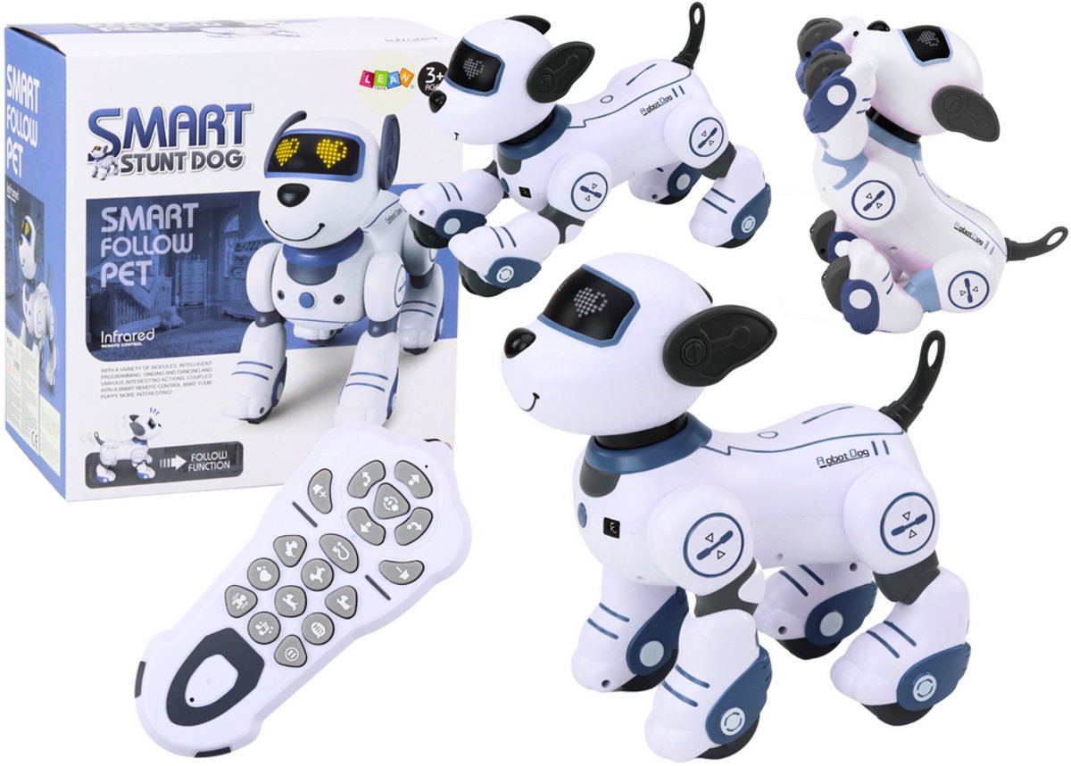 Op afstand bestuurbare interactieve robothond die danst volgt opdrachten blauw