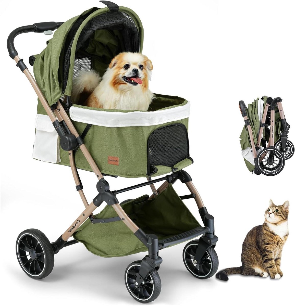 Opvouwbare Hondenbuggy - Dierenwagen Kattenwagen - Comfortabel Vervoer - Omkeerbare Handgreep - Tot 20 kg - Groen