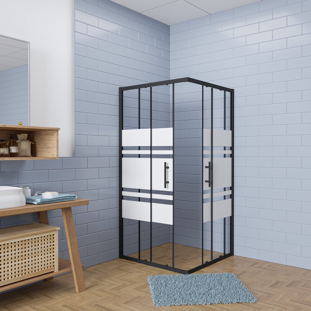 Aica Eenvoudig te monteren Douchecabine 80x80x195cm hoekinstap met schuifdeuren - 6mm veiligheidsglas EasyClean behandeld met wit zeefdruk design - mat zwarte aluminium Profiel