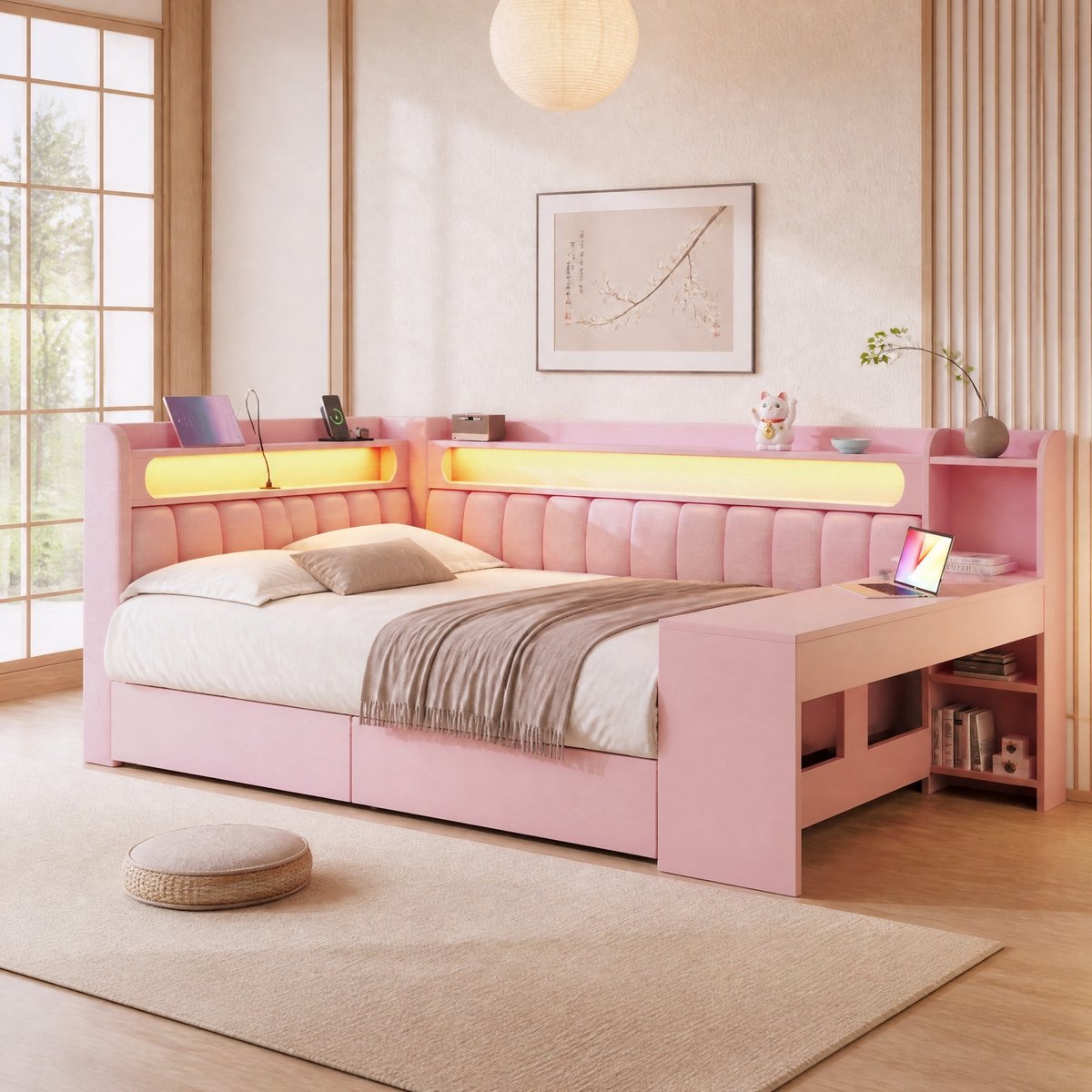 COVREO Bed 140x200 cm roze stof, met bureau, 2 lades, USB en LED