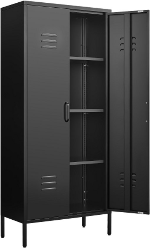 Zwarte metalen kast met een open deur, interieur met planken en ventilatieopeningen.