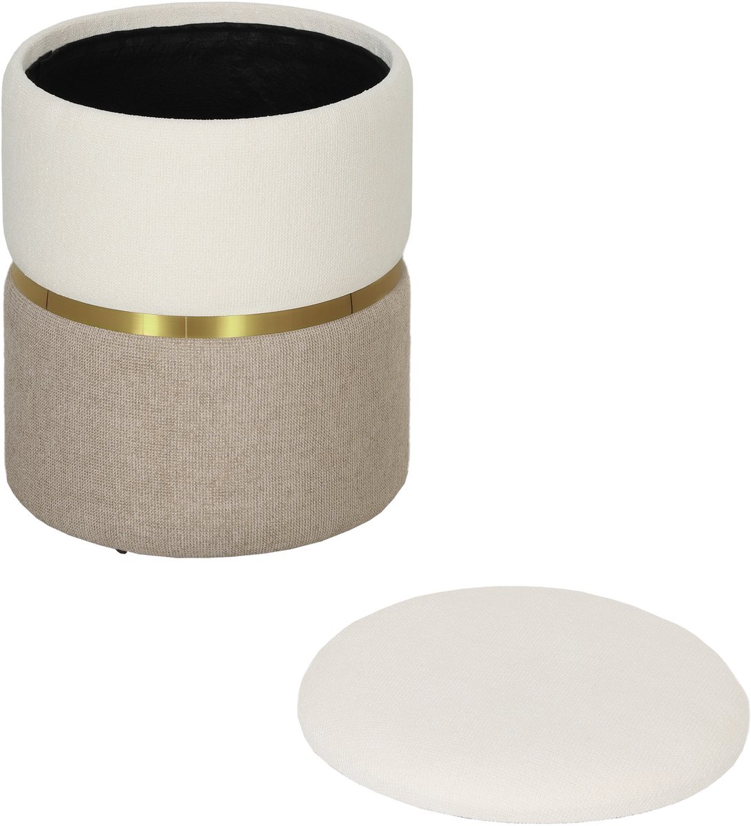 Opbergkruk Rond - Zetel Hocker - Extra Zetel - Grote Opbergruimte - 36x36x44 cm - Crèmewit