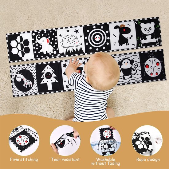 Zwart-wit babyboek, babyboek van zachte stof met hoog contrast voor pasgeborenen van 0-6-12 maanden, speelgoed voor buikligging, sensorisch speelgoed voor vroege educatie, cadeau voor jongens en meisjes, Lieveheersbeestje Stijl — afbeelding 5