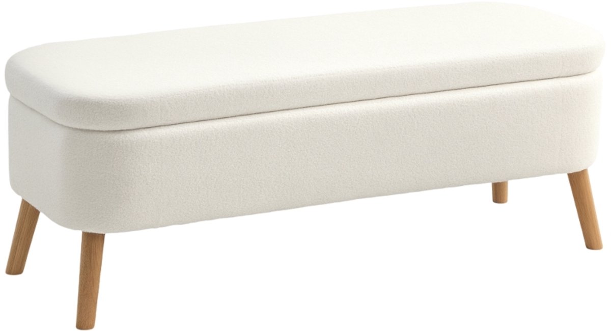 Crèmewitte Opbergpoef 120 x 42 x 45 cm, 65 L Verborgen Opbergruimte, Zitbank en Voetenbank met Zachte Fleece Bekleding en Schuimvulling, Gestoffeerde Opbergbank met Houten Poten voor Woonkamer en Slaapkamer, Tot 220 kg