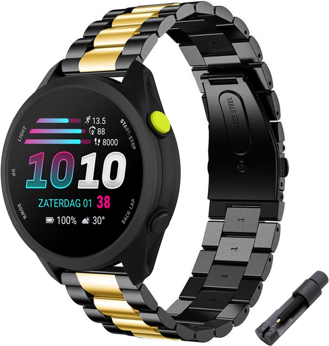Stravo RVS Schakel bandje – Geschikt voor Garmin Forerunner 70 / 170 / 55 / 165 / 245, Vivoactive 6 / 5 / 3, Venu SQ 2 – Metalen Horlogebandje – Zwart / Goud