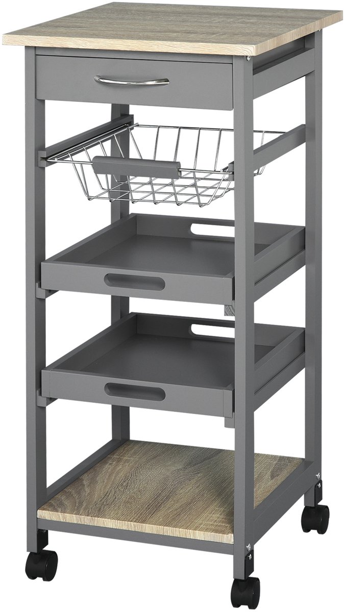 Keukentrolley met wieltjes - licht eikenkleurig | Manden - 2 uitneembare legplanken - lade - MDF-legplanken van grenenhout - grijs
