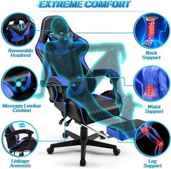 Gamingstoel met Massagefunctie en Voetensteun - Ergonomische Gamestoel met Hoofdsteun en Lendenkussen - Gevoerde Armleuningen - Blauw — afbeelding 4