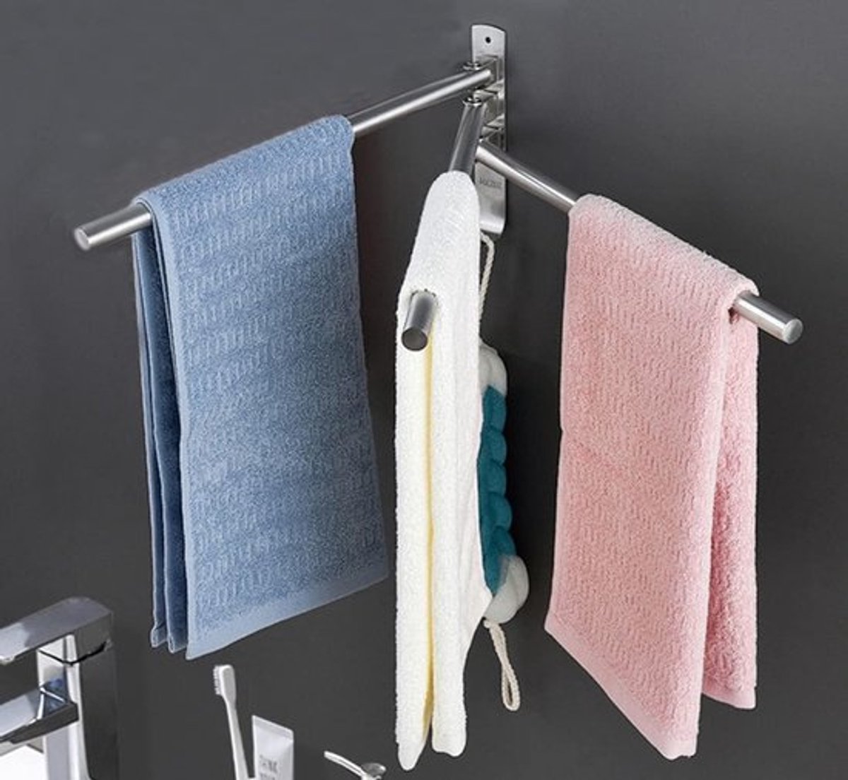 Handdoekhouder zonder boren, roestvrijstalen handdoekrek met 3 draaiende stangen voor badkamer en keuken