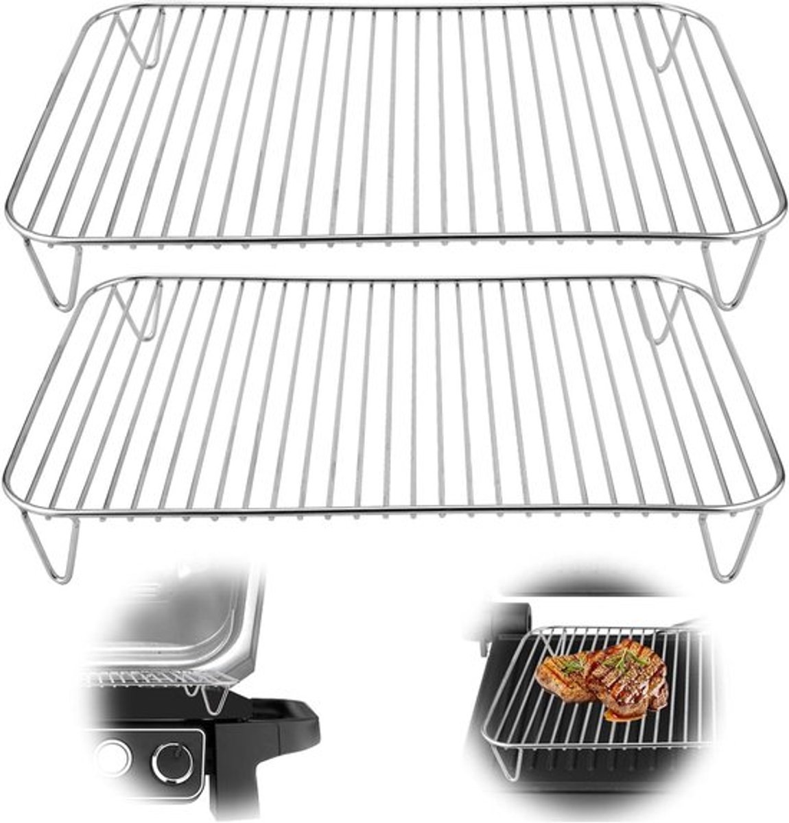 Grillrek voor Barbecue, Roestvrij Staal, Antiaanbaklaag - Set van 2. Geschikt voor Ninja Woodfire en Roker BBQ - Kamperen, Picknick.