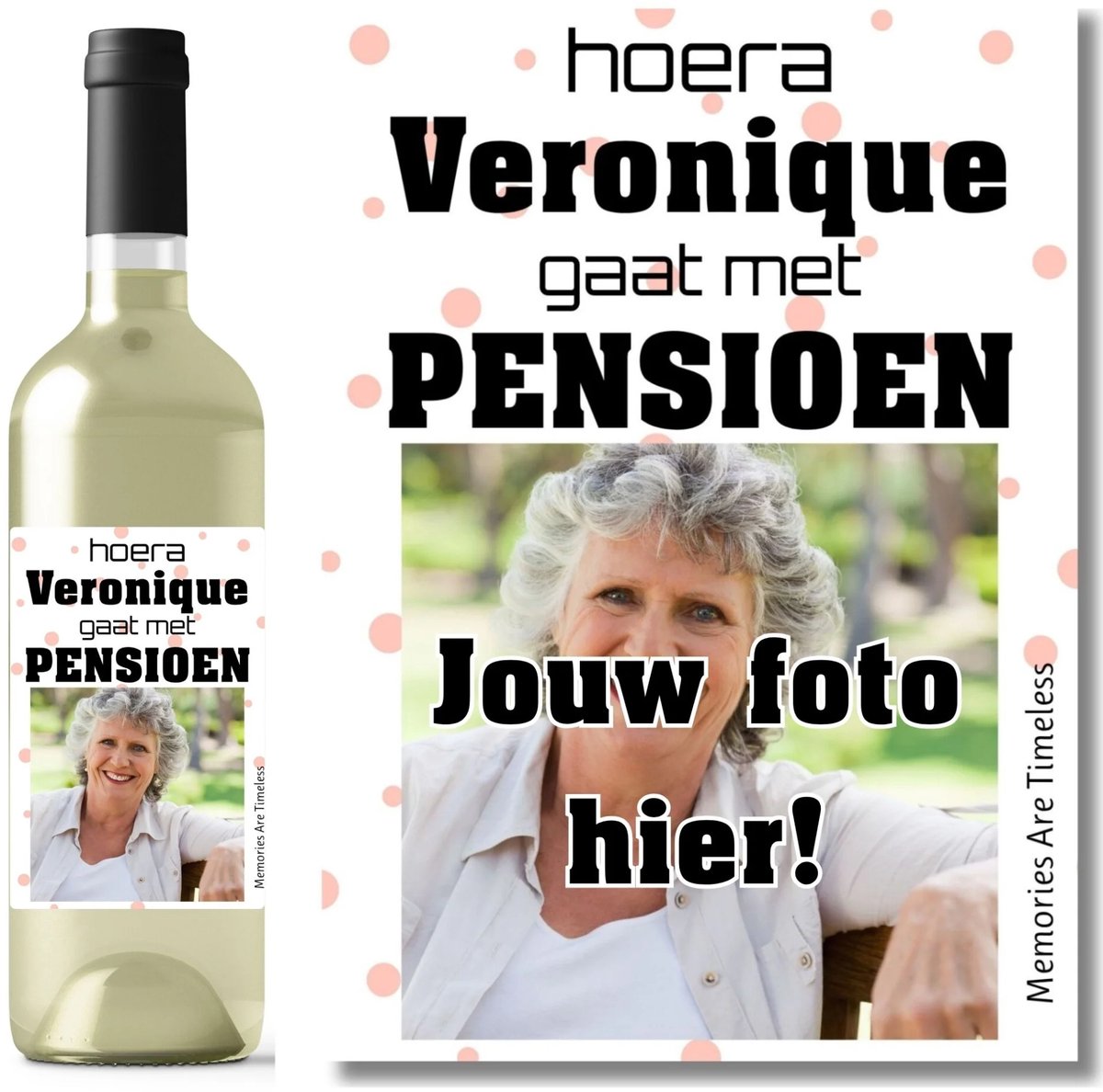 Wijnetiket Pensioen met Foto en Naam | Gepersonaliseerd Pensioen Cadeau | Roze Confetti | Memories Are Timeless
